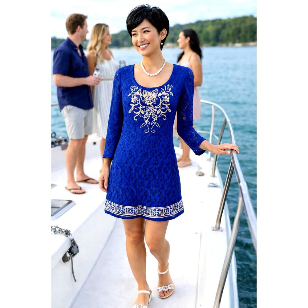 Flying Tomato Royal Blue Lace Mini Dress with White Embroidery